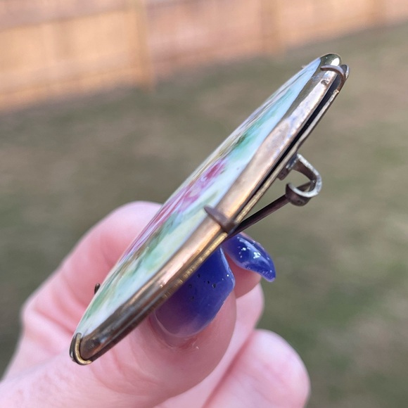 Antique Victorian Hand Painted Porcelain Floral Pink Rose Flower Brooch Pin - Picture 13 of 15